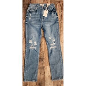 L.T.J Women's Blue Medium Wash Denim Jeans Distressed 5-Pocket Button Zip